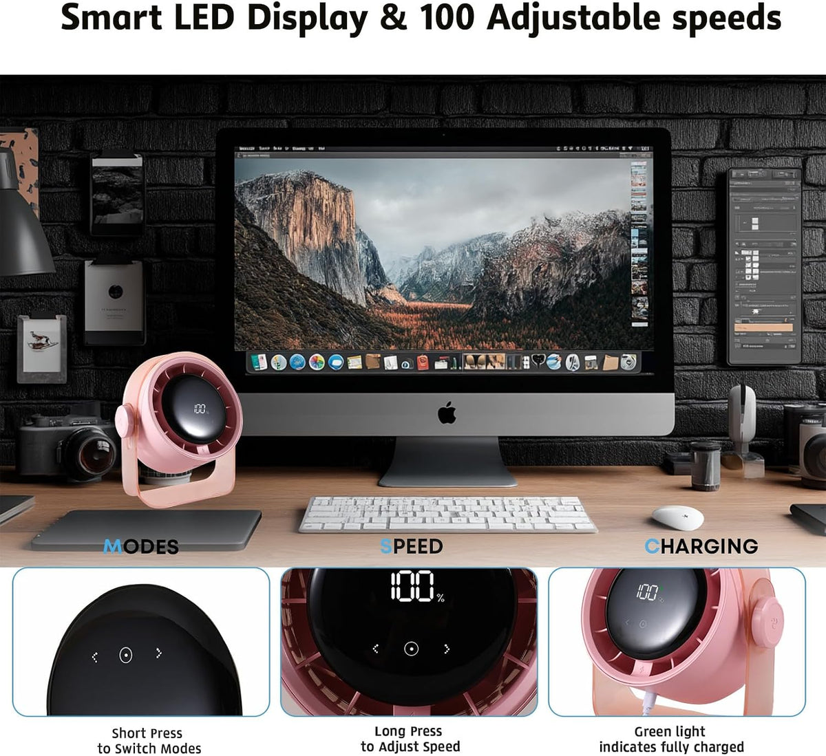Desk Fan, Small Quiet LED Display Portable USB Fan, 180°Tilt, 100 Speeds, 5 Modes, Rechargeable 3600mAh Battery Operated Table Fans For Office, Bedroom, Outdoor（PINK）