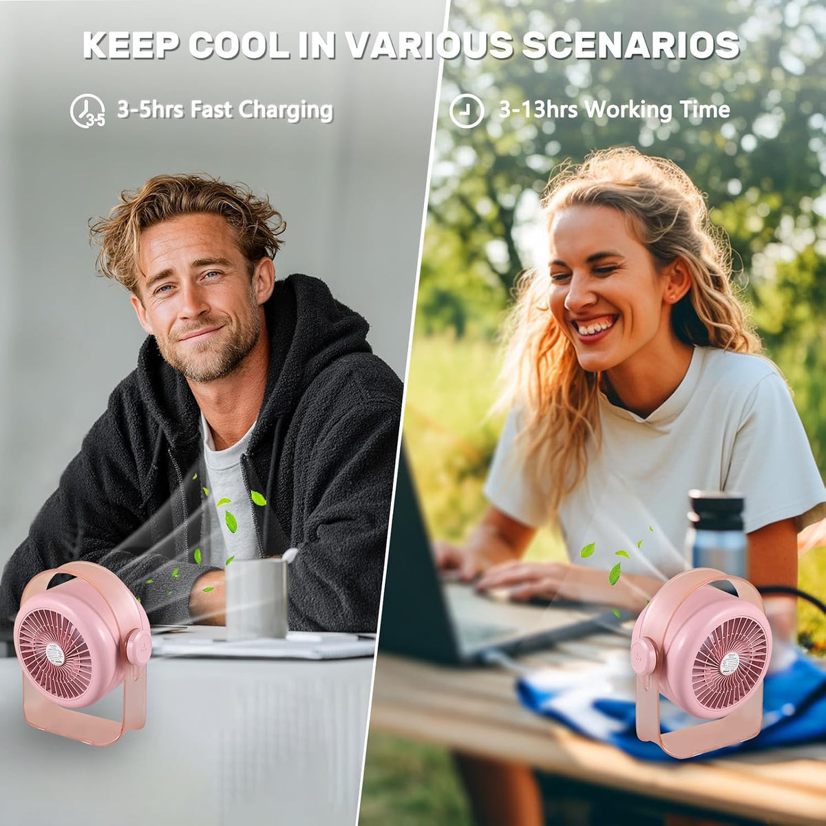 Desk Fan, Small Quiet LED Display Portable USB Fan, 180°Tilt, 100 Speeds, 5 Modes, Rechargeable 3600mAh Battery Operated Table Fans For Office, Bedroom, Outdoor（PINK）