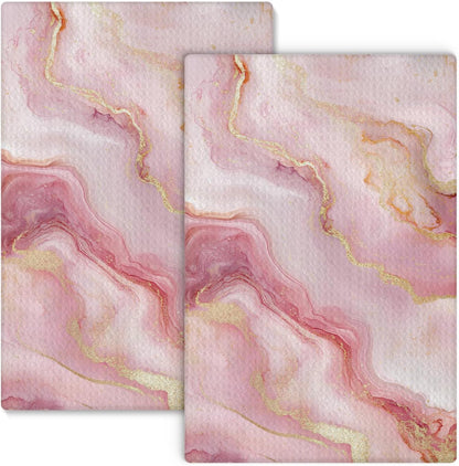 Luxury Pink and Gold Marble Kitchen Towels Set of 2, Abstract Modern Decorative Hand Towels for Bathroom, Gold and Pink Textured Dish Towels Tea Towels for Kitchen, 16x24 Inch