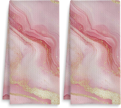 Luxury Pink and Gold Marble Kitchen Towels Set of 2, Abstract Modern Decorative Hand Towels for Bathroom, Gold and Pink Textured Dish Towels Tea Towels for Kitchen, 16x24 Inch