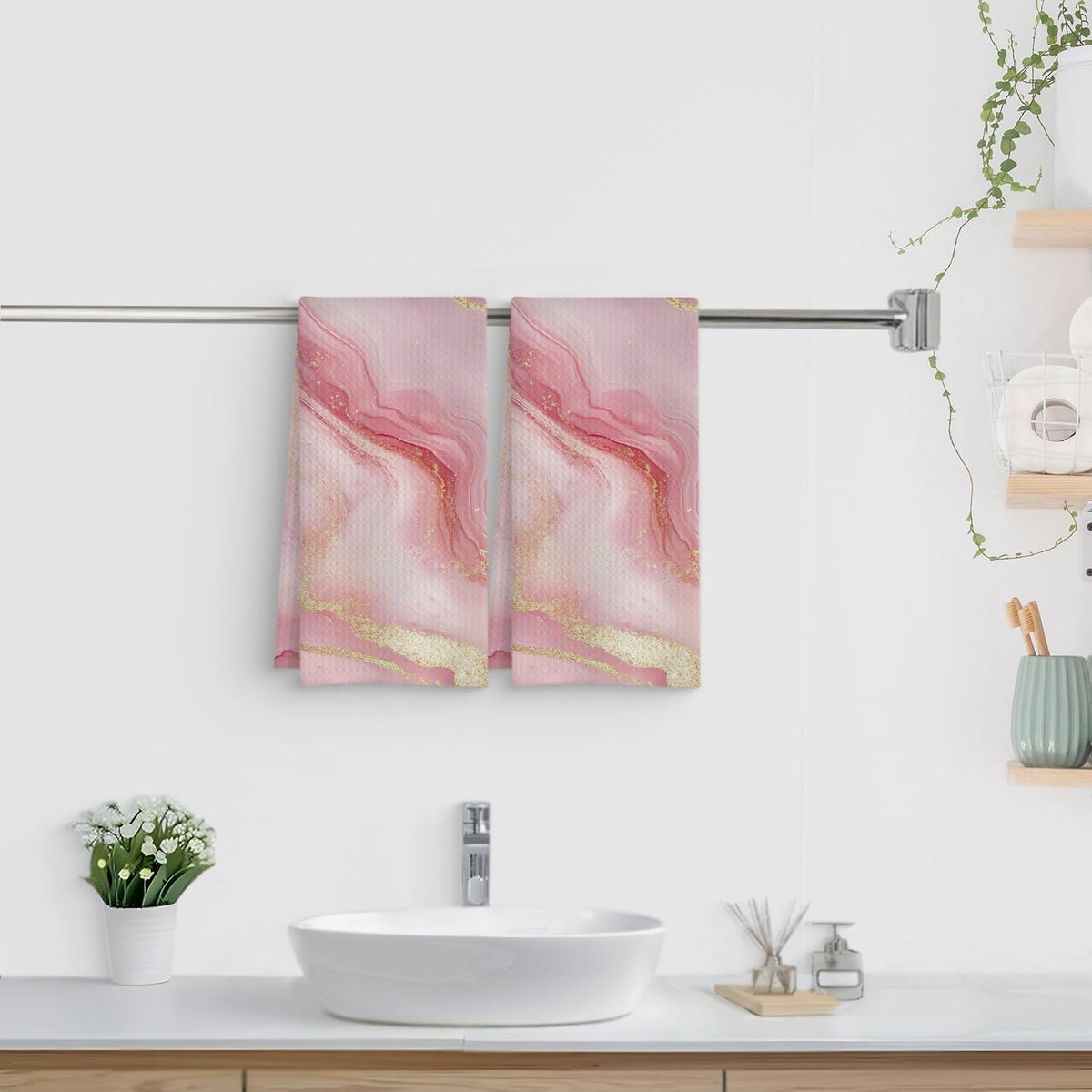Luxury Pink and Gold Marble Kitchen Towels Set of 2, Abstract Modern Decorative Hand Towels for Bathroom, Gold and Pink Textured Dish Towels Tea Towels for Kitchen, 16x24 Inch