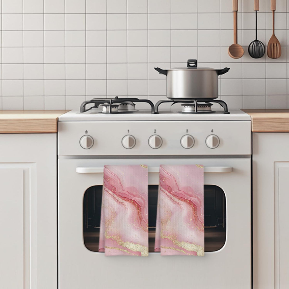 Luxury Pink and Gold Marble Kitchen Towels Set of 2, Abstract Modern Decorative Hand Towels for Bathroom, Gold and Pink Textured Dish Towels Tea Towels for Kitchen, 16x24 Inch