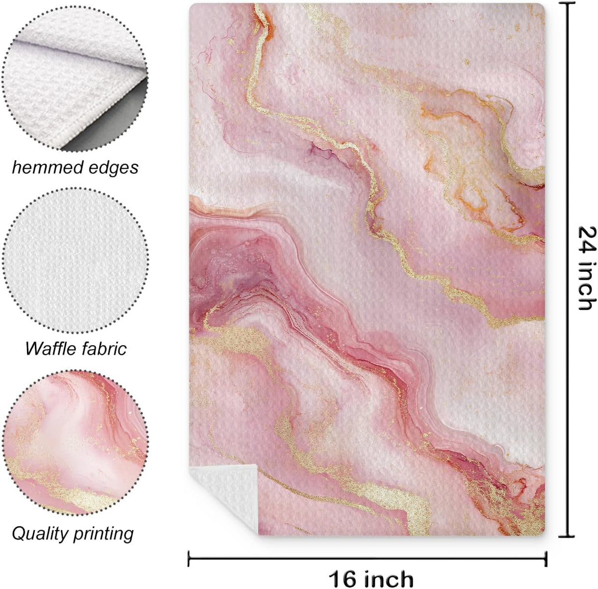 Luxury Pink and Gold Marble Kitchen Towels Set of 2, Abstract Modern Decorative Hand Towels for Bathroom, Gold and Pink Textured Dish Towels Tea Towels for Kitchen, 16x24 Inch
