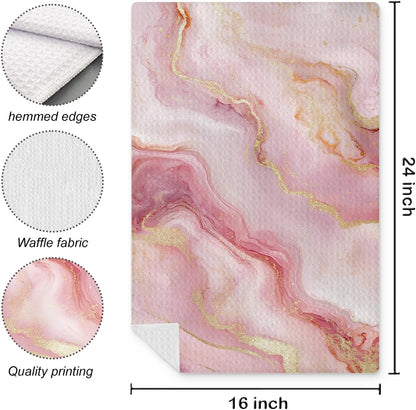 Luxury Pink and Gold Marble Kitchen Towels Set of 2, Abstract Modern Decorative Hand Towels for Bathroom, Gold and Pink Textured Dish Towels Tea Towels for Kitchen, 16x24 Inch
