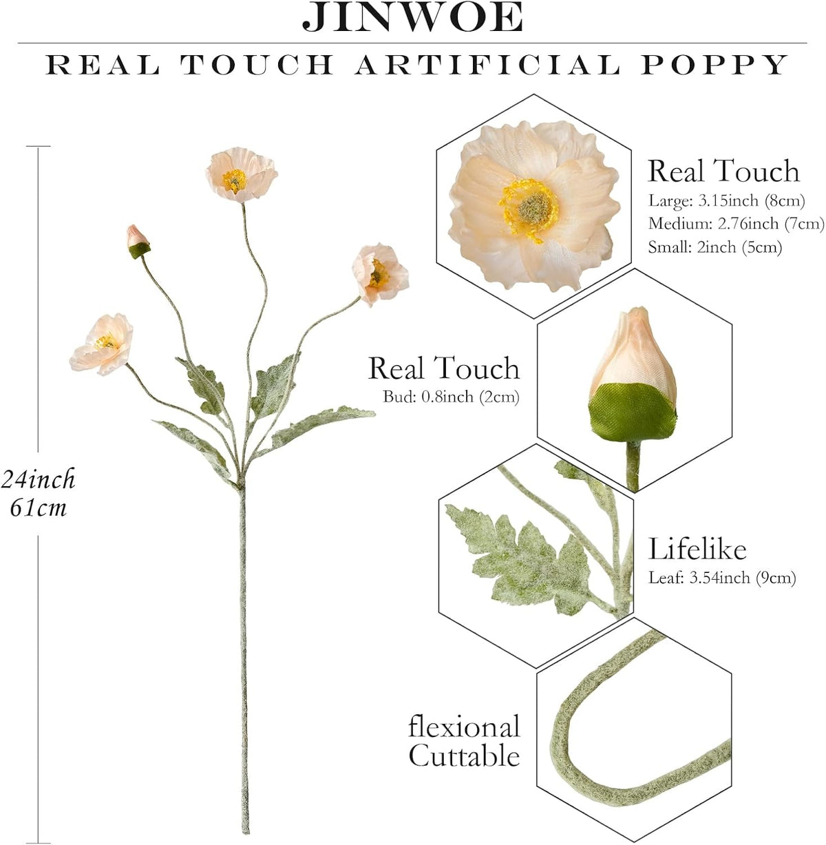 JINWOE Boho Flowers Light Peach Poppy Artificial Flowers,6 Stems Poppies Lifelike Silk Flowers Fake Plant for Wedding Table Centerpiece Home Cemetery Bouquet Indoor