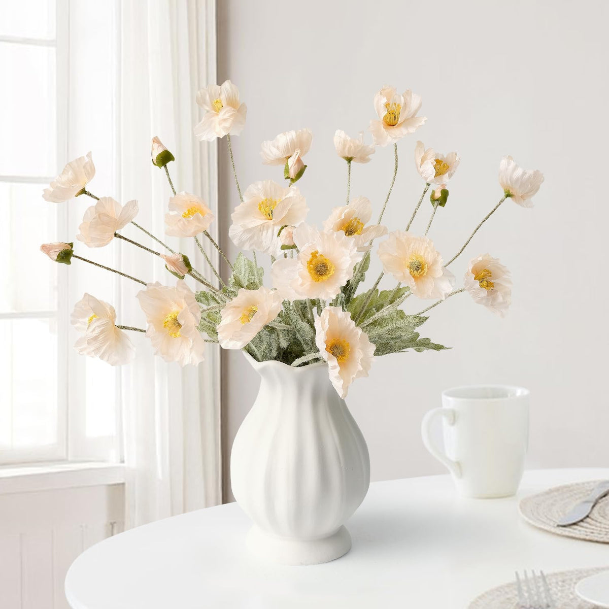 JINWOE Boho Flowers Light Peach Poppy Artificial Flowers,6 Stems Poppies Lifelike Silk Flowers Fake Plant for Wedding Table Centerpiece Home Cemetery Bouquet Indoor