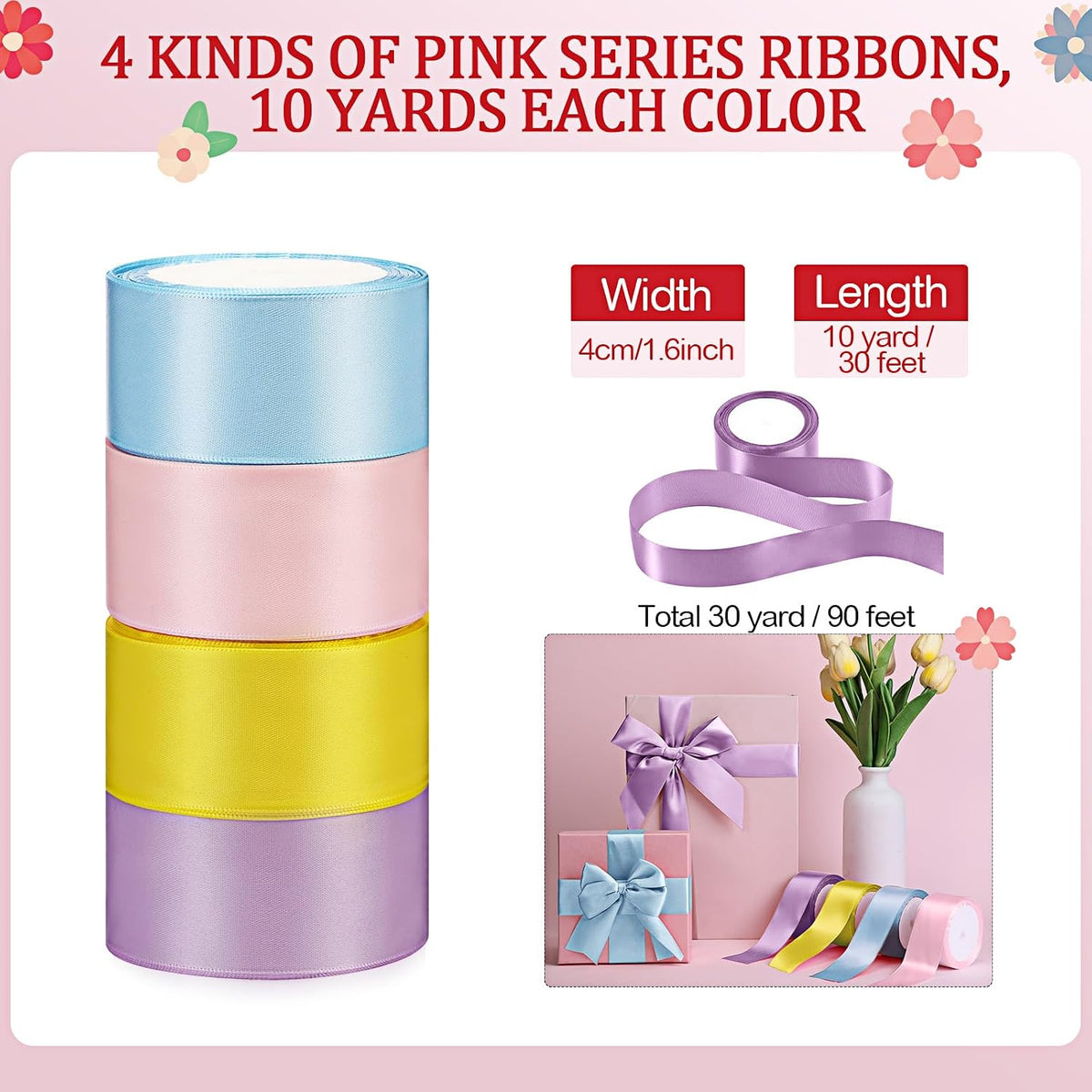 4 Rolls 40 Yards x 1.6 Inch Pastel Rainbow Satin Ribbon Bulk Fabric Ribbon Rolls for Gift Wrapping DIY Crafts Flower Bouquet Baby Shower Wedding Party Decor