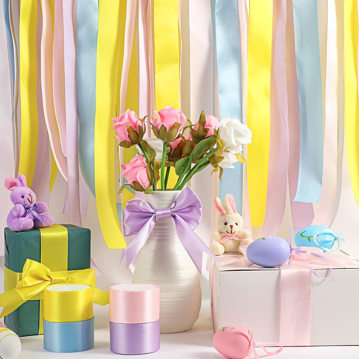 4 Rolls 40 Yards x 1.6 Inch Pastel Rainbow Satin Ribbon Bulk Fabric Ribbon Rolls for Gift Wrapping DIY Crafts Flower Bouquet Baby Shower Wedding Party Decor