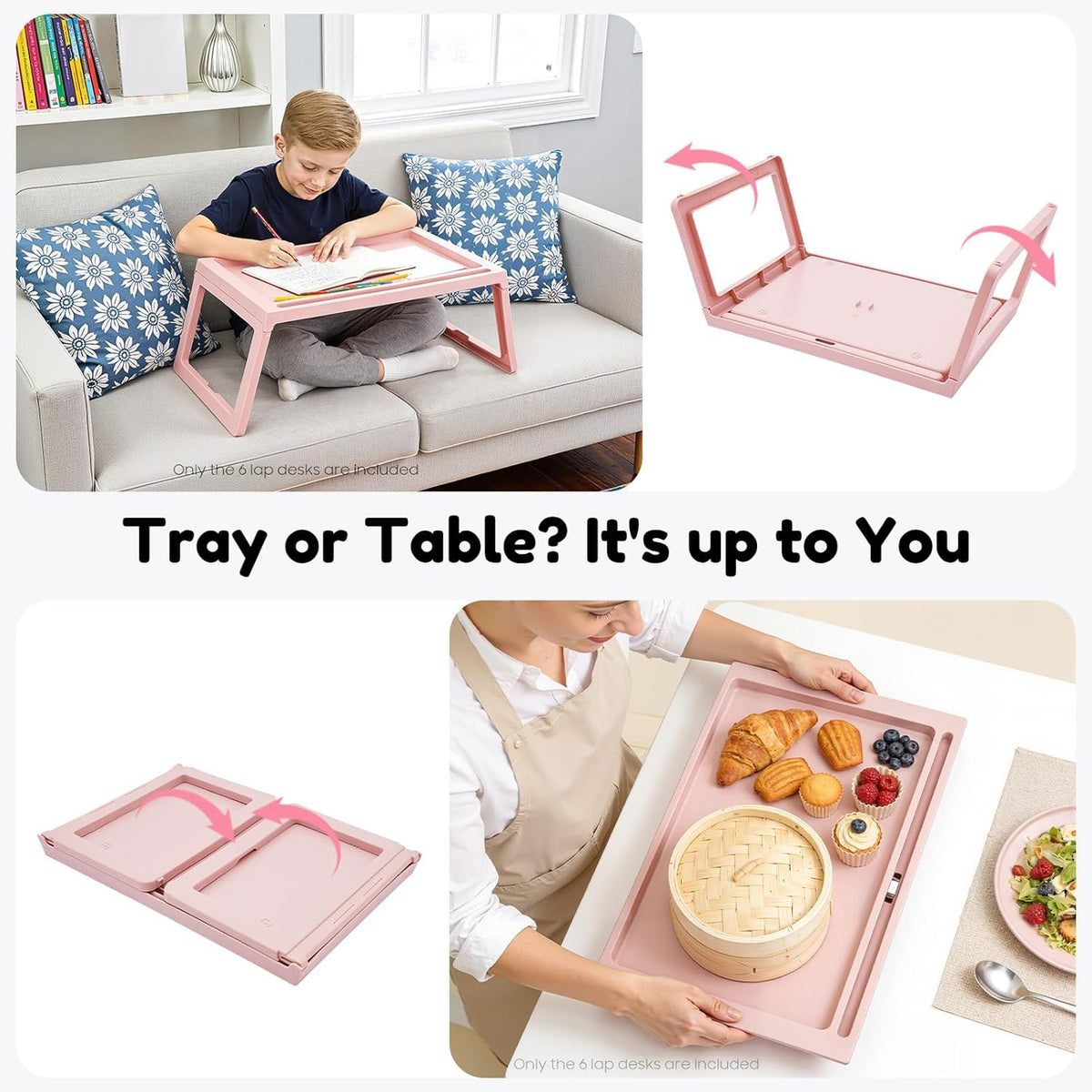 6PCS Bed Tray Tables, Foldable Laptop Desk Portable Breakfast Lap Desks Serving Food Trays with Foldable Legs for Eating, Sofa, Bed, Studying and Working (Pink)