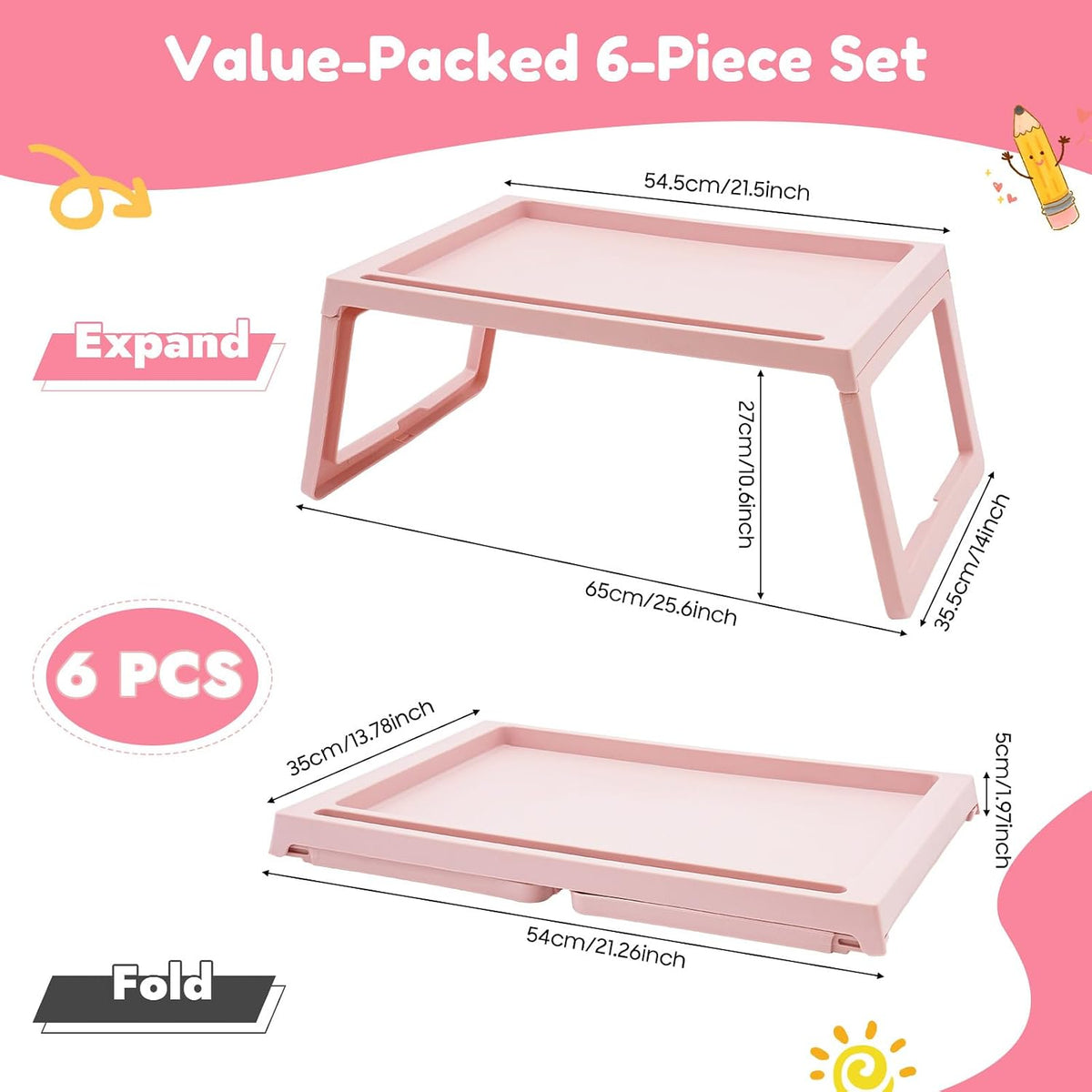 6PCS Bed Tray Tables, Foldable Laptop Desk Portable Breakfast Lap Desks Serving Food Trays with Foldable Legs for Eating, Sofa, Bed, Studying and Working (Pink)
