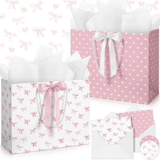 2 Pack 13'' Large Baby Shower Paper Gift Bags with Bow Ribbon Tissue Paper Greeting Card Envelope, Pink Bow Heart Gift Wrap Bags for Baby Shower Parents Bridal Wedding Birthday Party