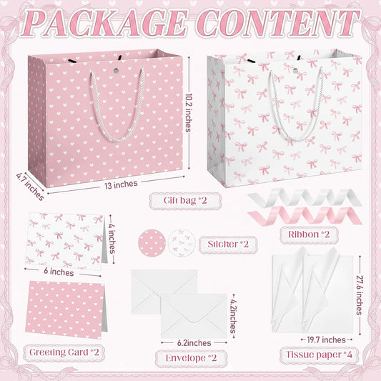 2 Pack 13'' Large Baby Shower Paper Gift Bags with Bow Ribbon Tissue Paper Greeting Card Envelope, Pink Bow Heart Gift Wrap Bags for Baby Shower Parents Bridal Wedding Birthday Party
