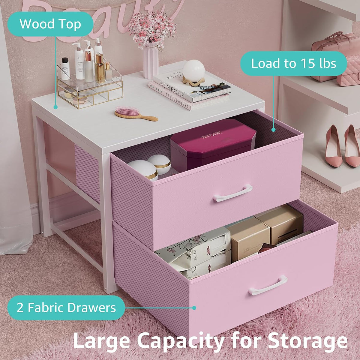 Stackable Closet Drawers for Clothes Organizers and Storage Fabric Pink 2 Drawer Dresser for Bedroom 2 Packs Modern Small