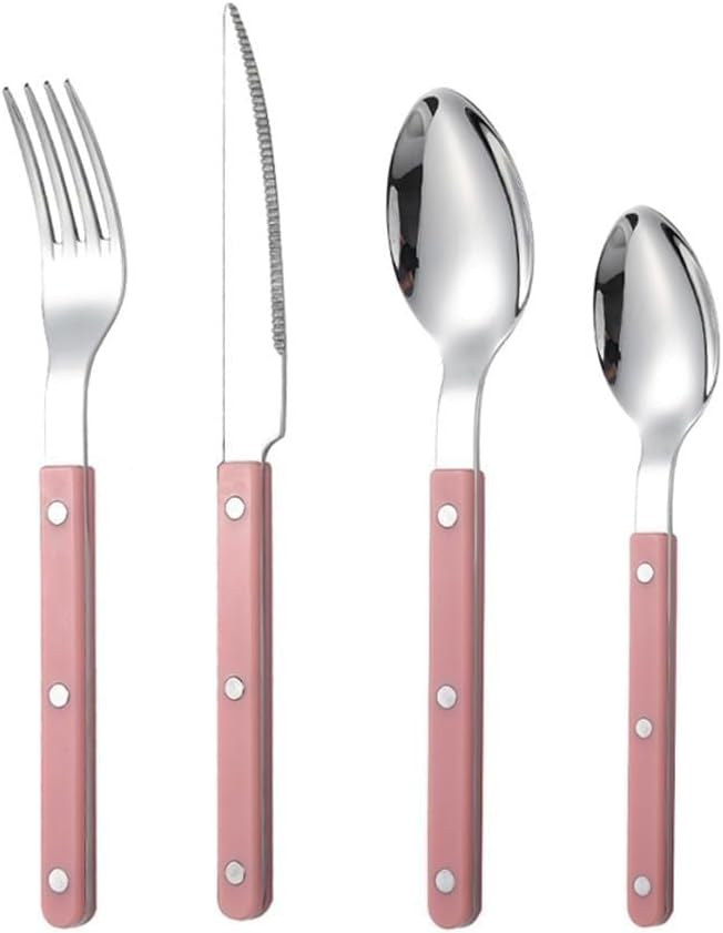 Rivet ABS Clamp Handle Kitchen Stainless Steel Silverware Tableware Flatware Cutlery Set Steak Knife Fork Spoon Teaspoon Western Tableware Butter Knife Set (Pink,4 pieces)