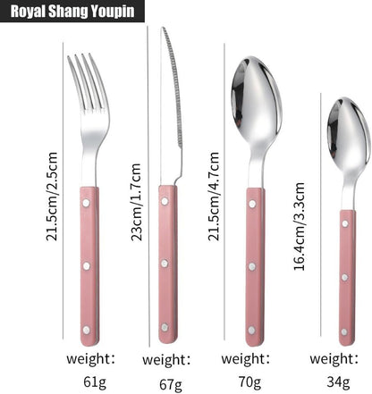 Rivet ABS Clamp Handle Kitchen Stainless Steel Silverware Tableware Flatware Cutlery Set Steak Knife Fork Spoon Teaspoon Western Tableware Butter Knife Set (Pink,4 pieces)