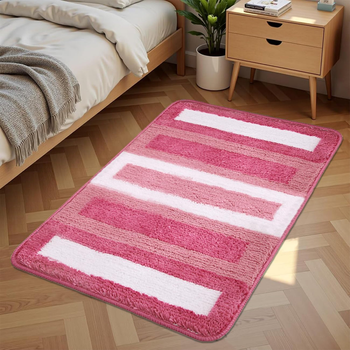Pink Striped Bath Mats for Bathroom 16" x 24", Extra Soft Water Absorbent Tufted Shower Rug Non-Slip Washable Plush Microfiber Bath Mat Funky Aesthetic Decoration Carpet (Pink,16" x 24)