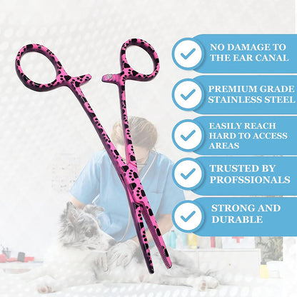 Dog Pet Ear/Nose Hair Puller Grooming Hemostat Locking Forceps Pliers, 5.5" (14cm), Straight (Pink Paws)