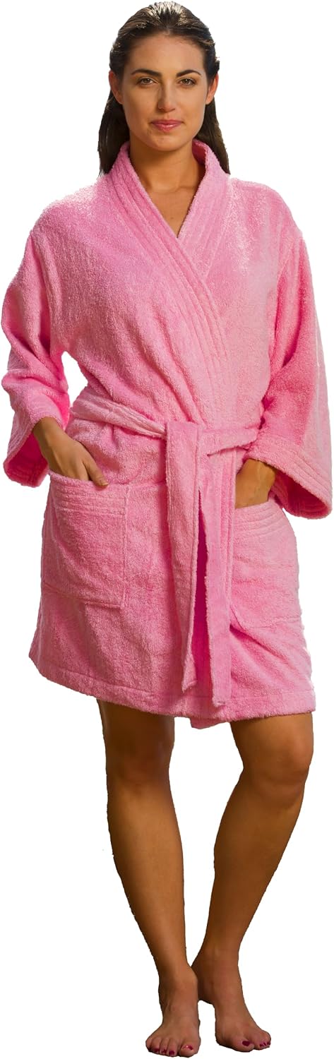 Womens Rayon Cotton Thigh-Length Kimono Bathrobe, 500 GSM Heavyweight Plush Terry Loop Robe, Multiple Colors