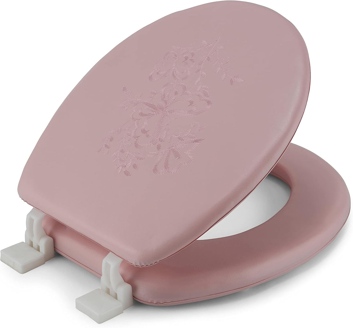 Embroidered Soft Round Toilet Seat With Easy Clean & Change Hinge, Padded (Pink)