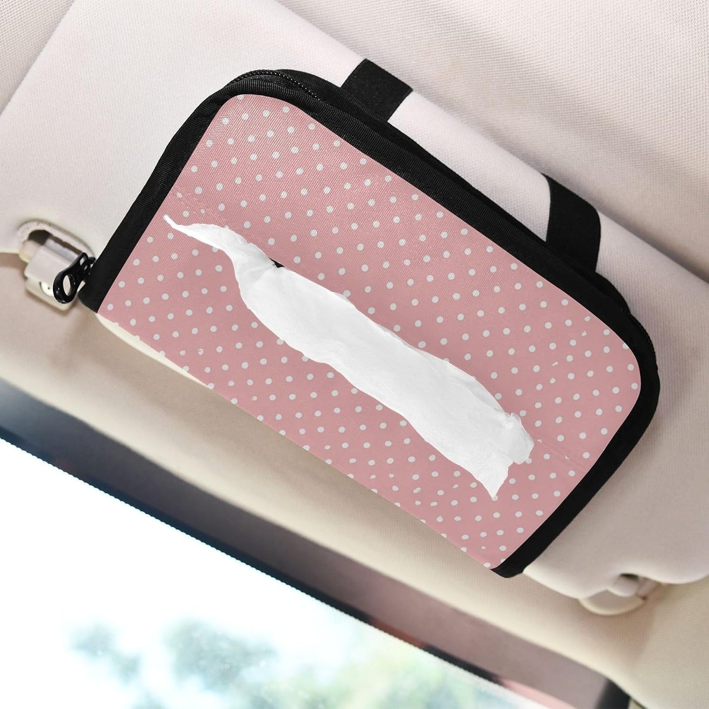 Car Visor Tissue Holder Mask Holder for Car Tissue Box Sun Visor Napkin Holder Visor Accessories Adjustable Straps Reusable Durable Easy Install Light Pink White Polka Dots