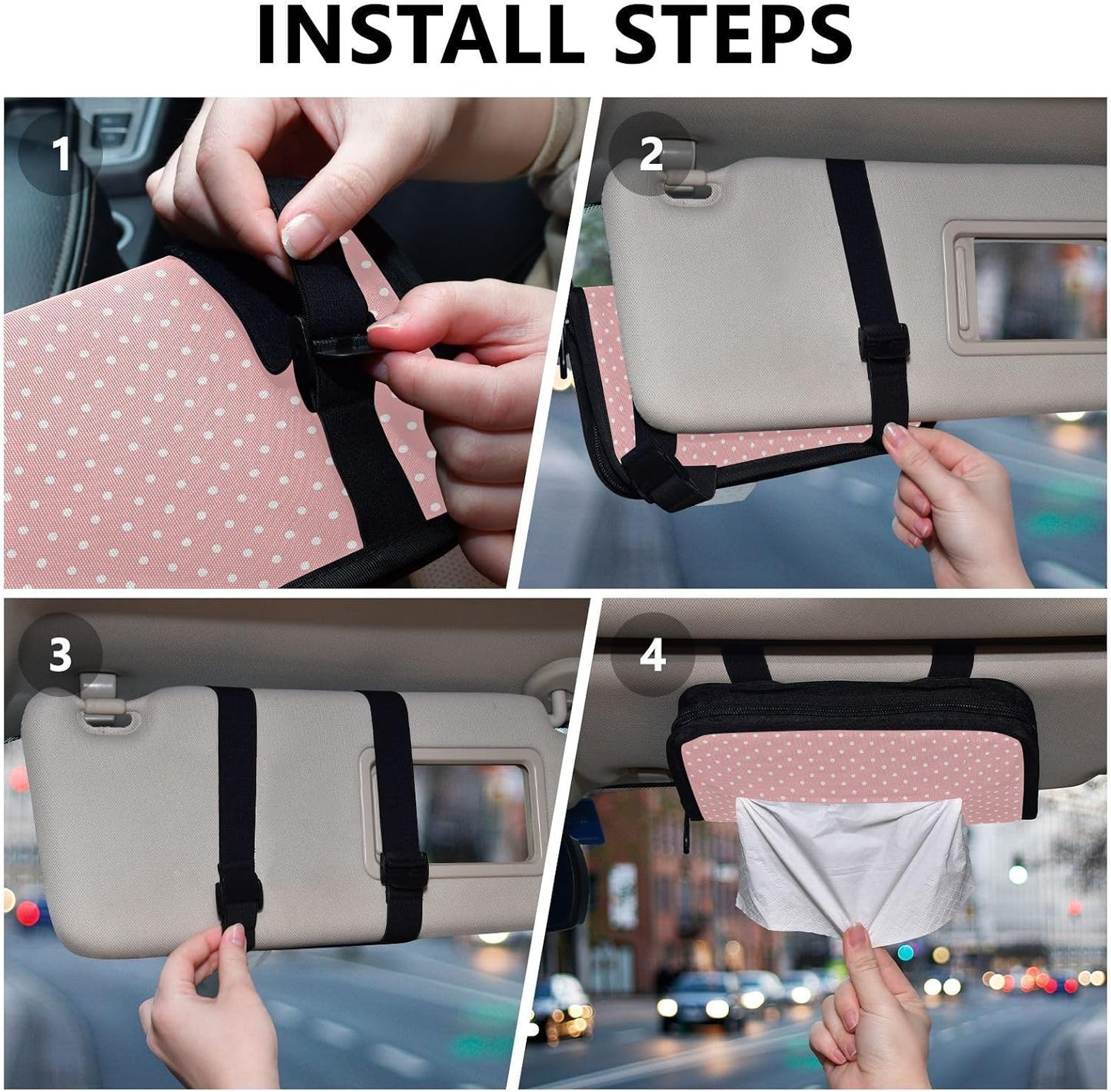Car Visor Tissue Holder Mask Holder for Car Tissue Box Sun Visor Napkin Holder Visor Accessories Adjustable Straps Reusable Durable Easy Install Light Pink White Polka Dots