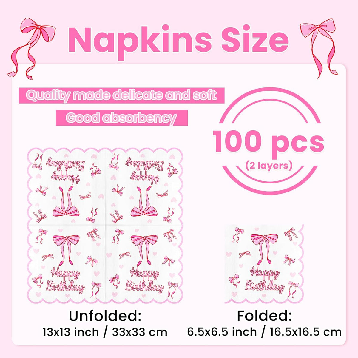 Pink Bow Napkins Party Decorations 50 pcs, 6.5'', 2-ply