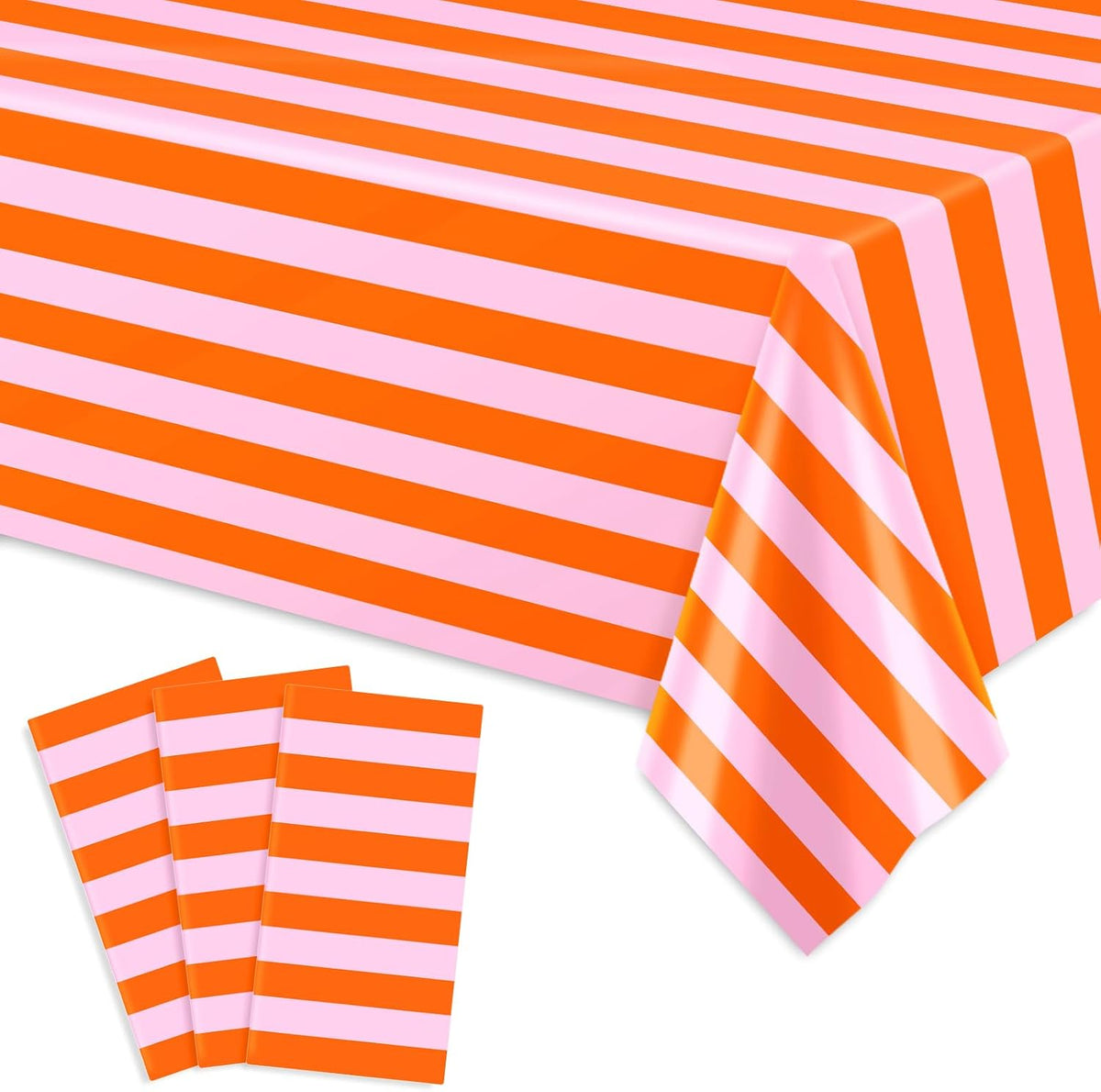 3Pcs Stripe Plastic Tablecloth Disposable Table Cloth Pink Orange Rectangle Table Cover for Birthday Baby Shower Wedding Party Picnic Supplies, 54 x 108 Inch
