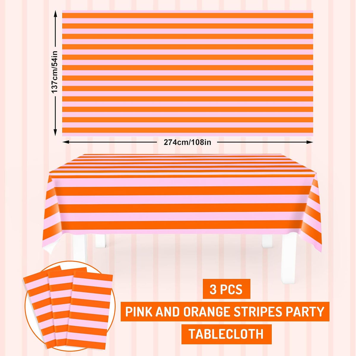 3Pcs Stripe Plastic Tablecloth Disposable Table Cloth Pink Orange Rectangle Table Cover for Birthday Baby Shower Wedding Party Picnic Supplies, 54 x 108 Inch