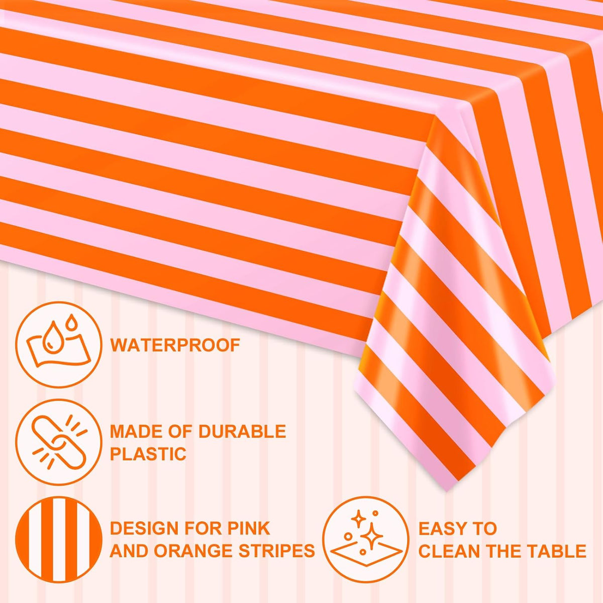 3Pcs Stripe Plastic Tablecloth Disposable Table Cloth Pink Orange Rectangle Table Cover for Birthday Baby Shower Wedding Party Picnic Supplies, 54 x 108 Inch