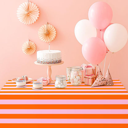 3Pcs Stripe Plastic Tablecloth Disposable Table Cloth Pink Orange Rectangle Table Cover for Birthday Baby Shower Wedding Party Picnic Supplies, 54 x 108 Inch