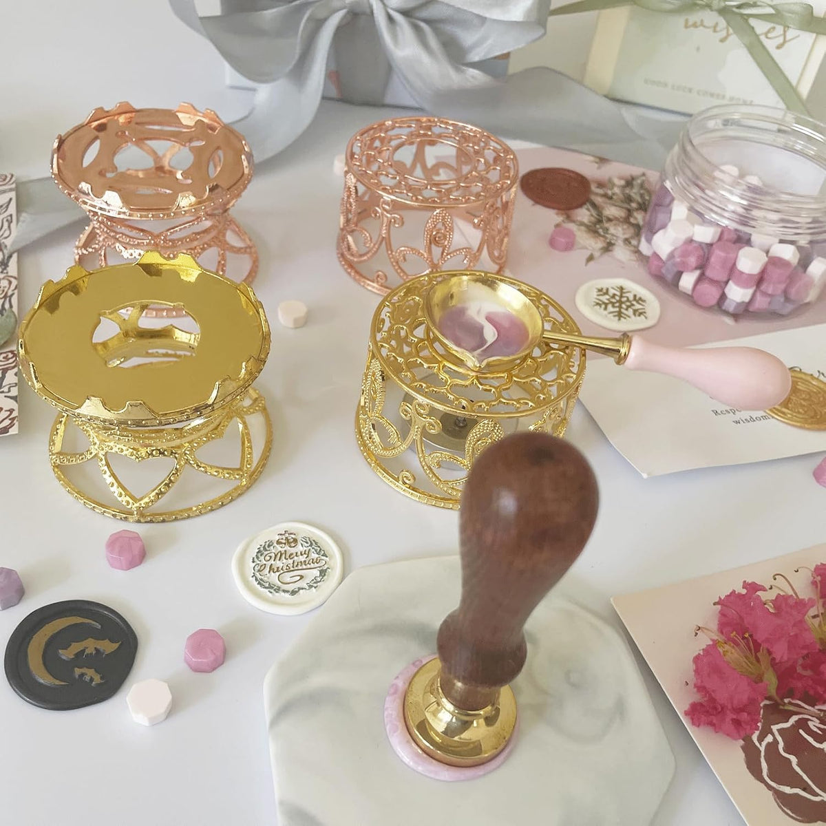 Metal Wax Seal Warmer Kit with Spoon and Stirring Stick, for Wedding Wax Envelope Seal Stamp (Rose Gold Bird's Nest Stove)