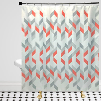 Decorative Luxury Geometric Fabric Shower Curtain: Coral Peach Grey Gray White Chevron Striped Design, Includes 12 Rollerball Hooks