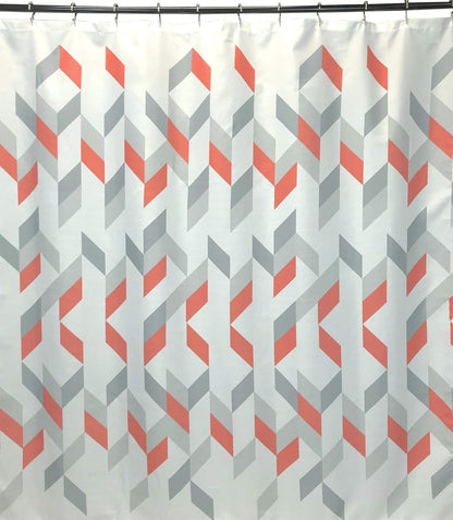 Decorative Luxury Geometric Fabric Shower Curtain: Coral Peach Grey Gray White Chevron Striped Design, Includes 12 Rollerball Hooks