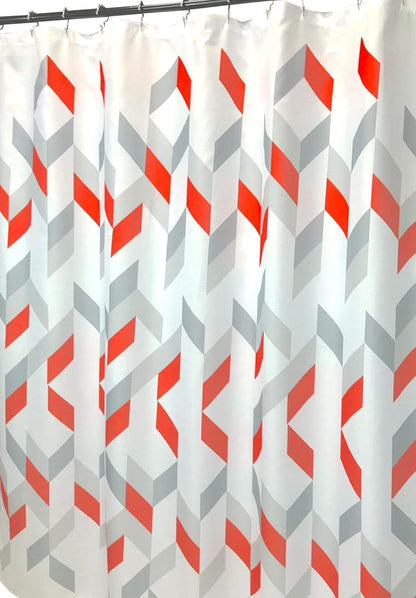 Decorative Luxury Geometric Fabric Shower Curtain: Coral Peach Grey Gray White Chevron Striped Design, Includes 12 Rollerball Hooks