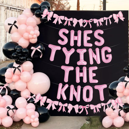 She is Tying The Knot Pink Bow Banner Balloons Coquette Bachelorette Decor