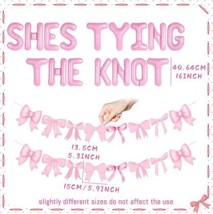 She is Tying The Knot Pink Bow Banner Balloons Coquette Bachelorette Decor