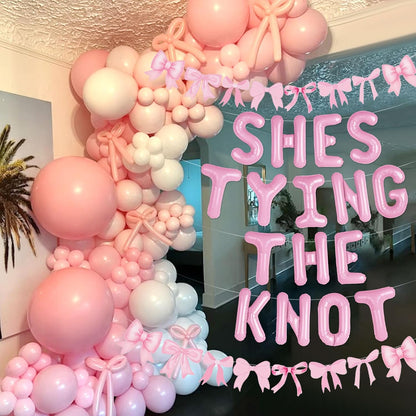 She is Tying The Knot Pink Bow Banner Balloons Coquette Bachelorette Decor