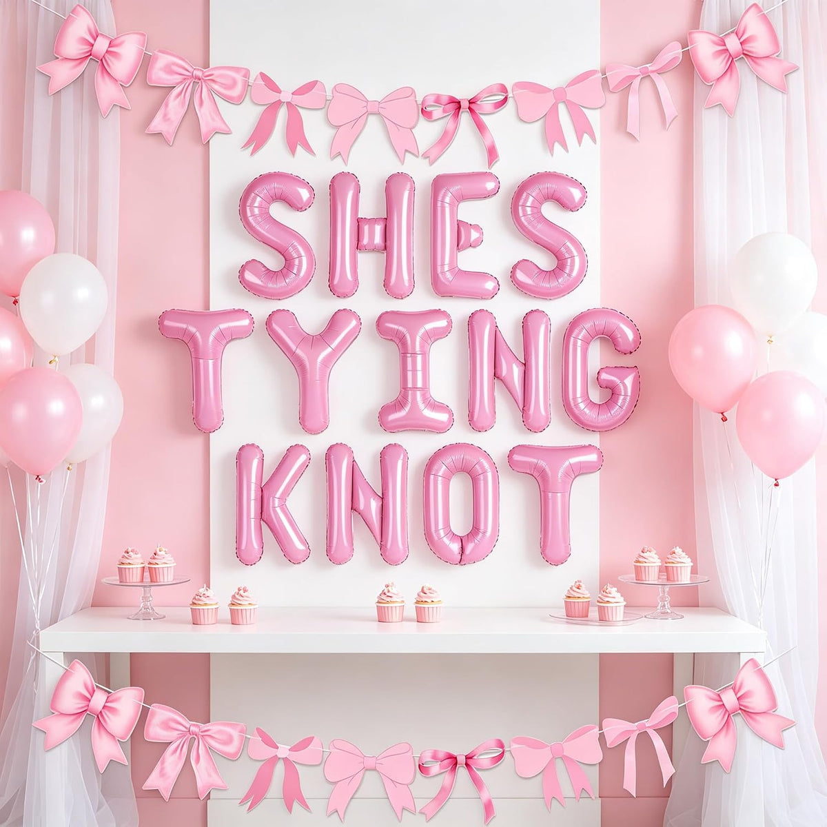 She is Tying The Knot Pink Bow Banner Balloons Coquette Bachelorette Decor