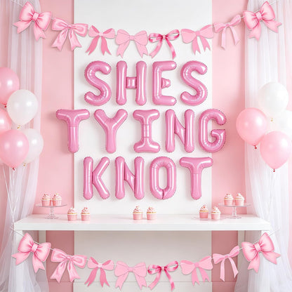 She is Tying The Knot Pink Bow Banner Balloons Coquette Bachelorette Decor