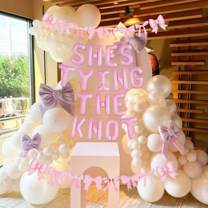 She is Tying The Knot Pink Bow Banner Balloons Coquette Bachelorette Decor