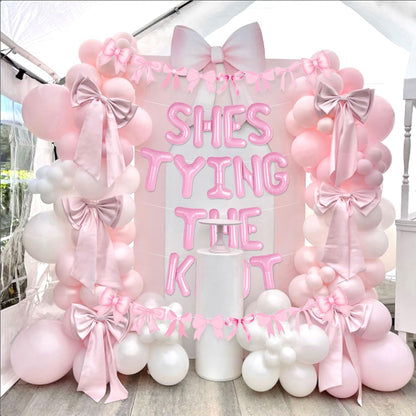She is Tying The Knot Pink Bow Banner Balloons Coquette Bachelorette Decor