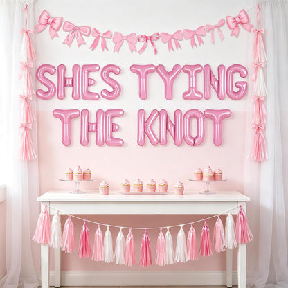 She is Tying The Knot Pink Bow Banner Balloons Coquette Bachelorette Decor