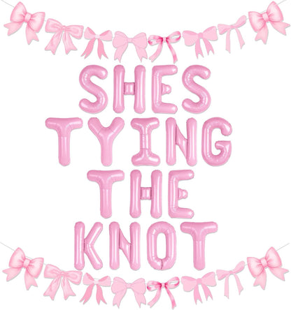 She is Tying The Knot Pink Bow Banner Balloons Coquette Bachelorette Decor
