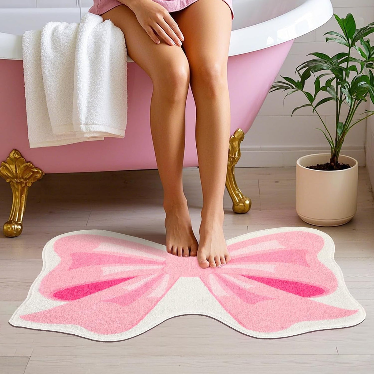 FEBSNOW Pink Bow Bathroom Rugs, Non Slip Coquette Bow Bath Mat