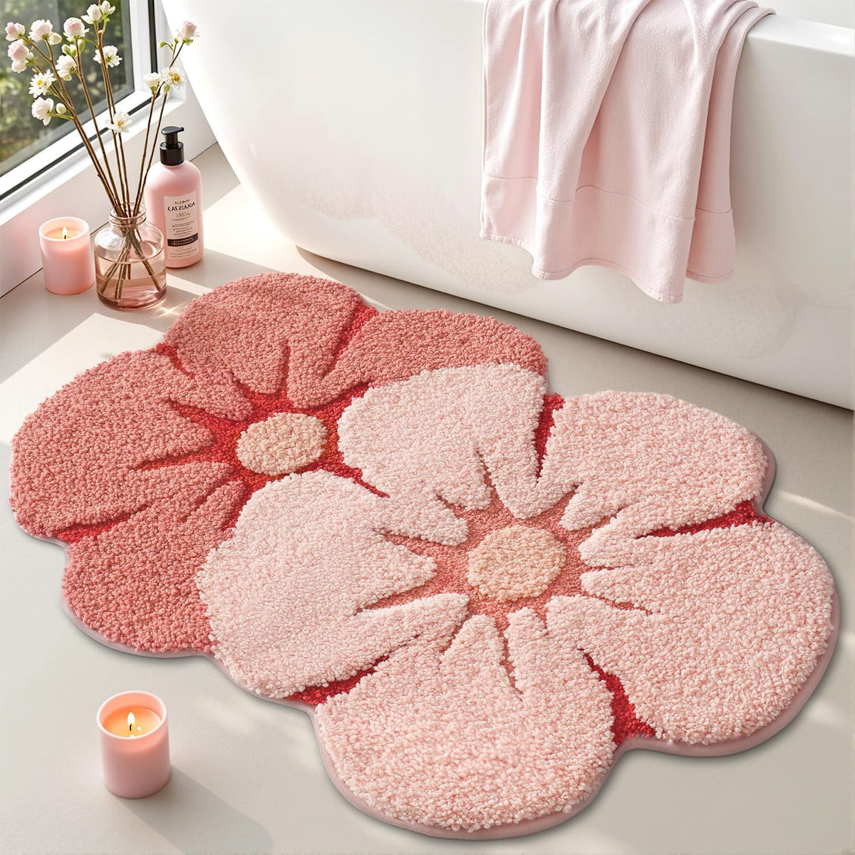 Flower Bathroom Rug, Absorbent Non Slip Bath Mat, 20"x32", Pink Flower