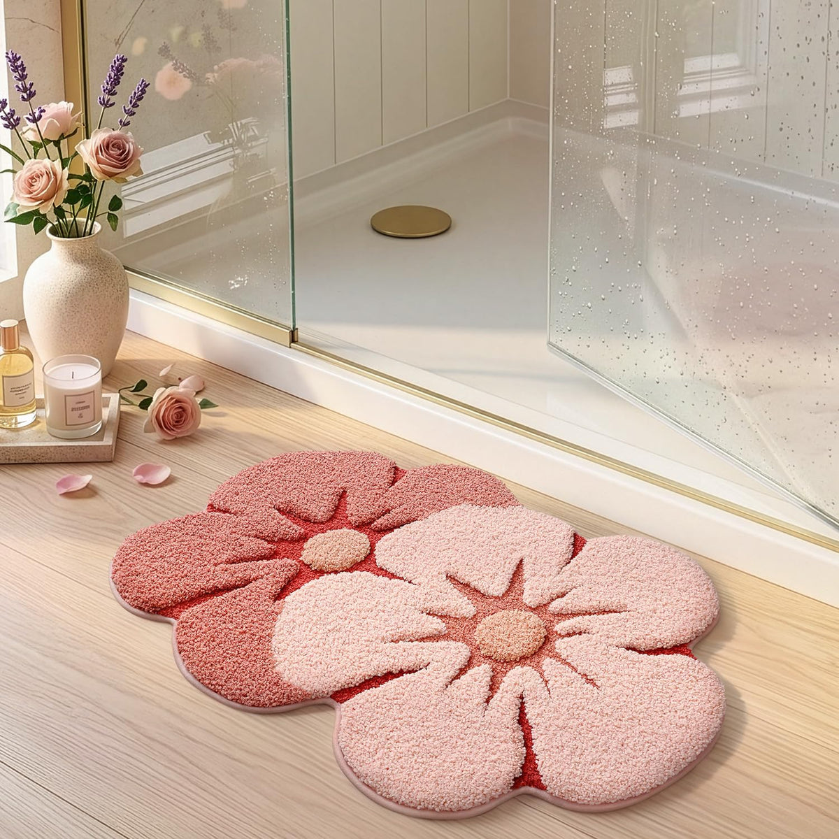Flower Bathroom Rug, Absorbent Non Slip Bath Mat, 20"x32", Pink Flower