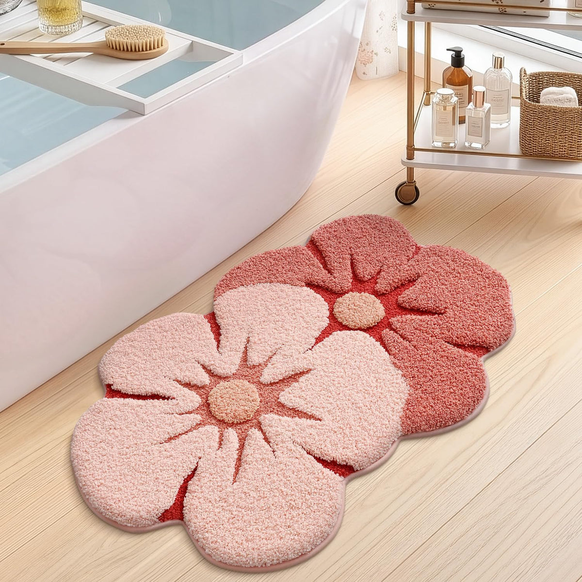 Flower Bathroom Rug, Absorbent Non Slip Bath Mat, 20"x32", Pink Flower