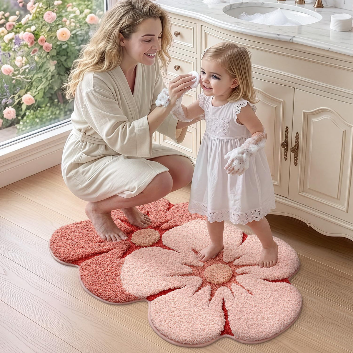 Flower Bathroom Rug, Absorbent Non Slip Bath Mat, 20"x32", Pink Flower