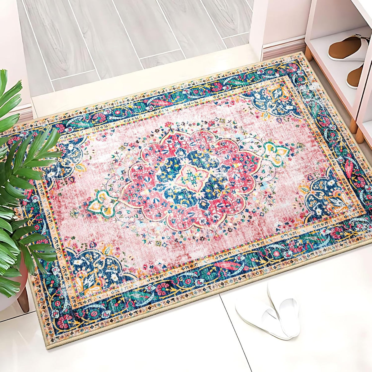 Small Area Rug 2x3 Pink Boho Bathroom Rug for Entryway Kitchen