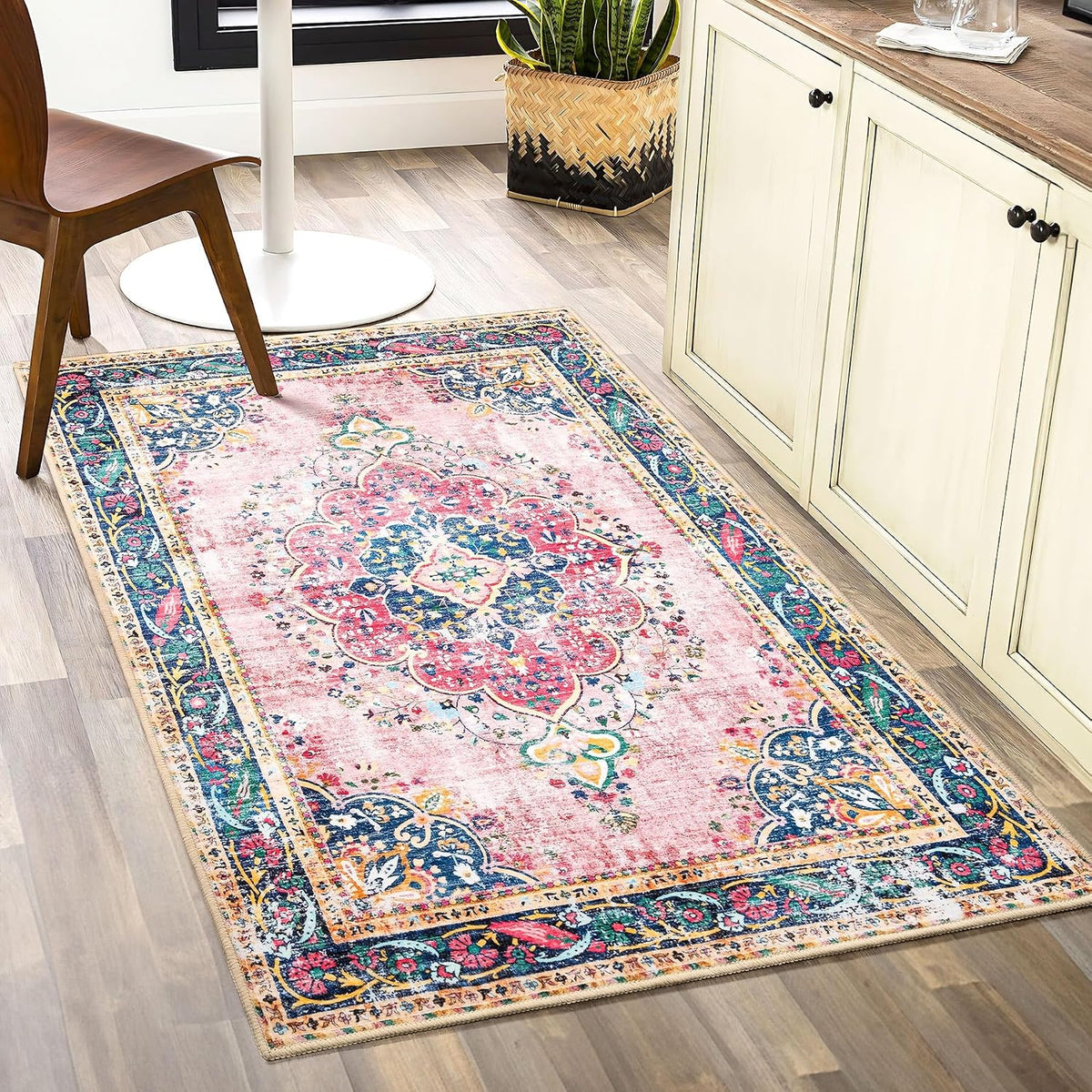 Small Area Rug 2x3 Pink Boho Bathroom Rug for Entryway Kitchen